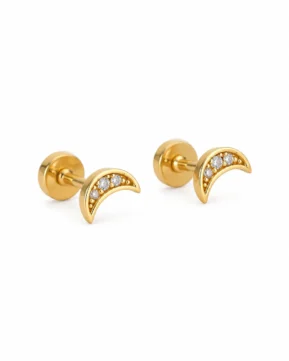 Crescent Moon Stud Earrings | Gold Plated Micro Pave Zirconia | Flat Back Cartilage,Tragus Jewelry