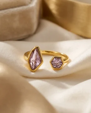 Adjustable Geometric Gold Ring with Purple Crystals