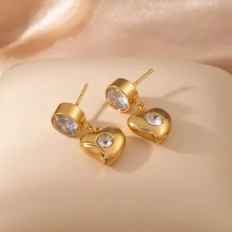 Radiant Gold Heart Drop Earrings with Zirconia Crystals