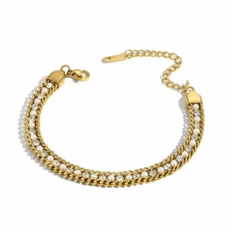 Elegant Gold-Tone Pearl & Crystal Double Chain Bracelet for Women - Adjustable