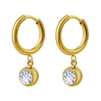 18K Gold Plated CZ Drop Huggie Hoop Earrings  Solitaire Crystal Dangle Hoops (25mm)