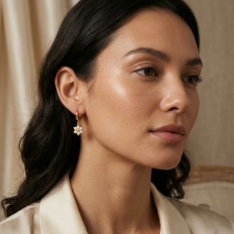Gold CZ Flower Dangle Huggies | Minimalist Floral Drop Hoop Earrings Earrings  