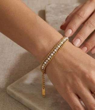Elegant Gold-Tone Pearl & Crystal Double Chain Bracelet for Women – Adjustable Bracelets  