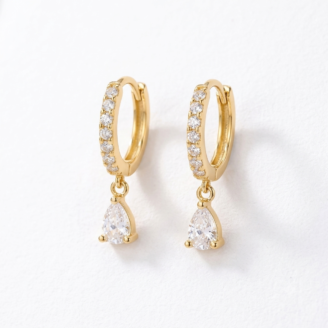 18K Gold Plated Pave CZ Teardrop Dangle Huggie Hoop Earrings for Women