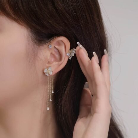 Gold Crystal Butterfly Ear Cuff with Cascading Chains (Both Side) Earrings  