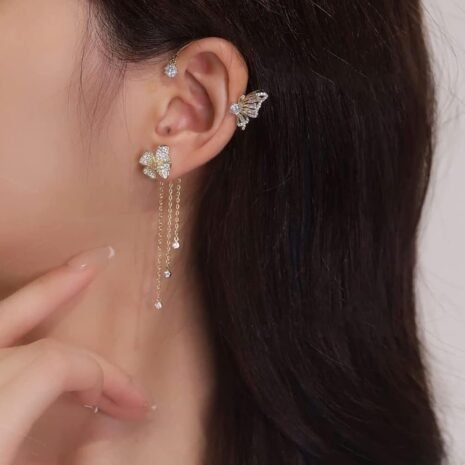 Gold Crystal Butterfly Ear Cuff with Cascading Chains (Both Side) Earrings  