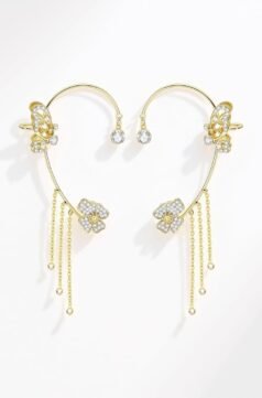Gold Crystal Butterfly Ear Cuff with Cascading Chains (Both Side)