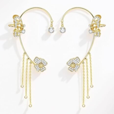 Gold Crystal Butterfly Ear Cuff with Cascading Chains (Both Side) Earrings  